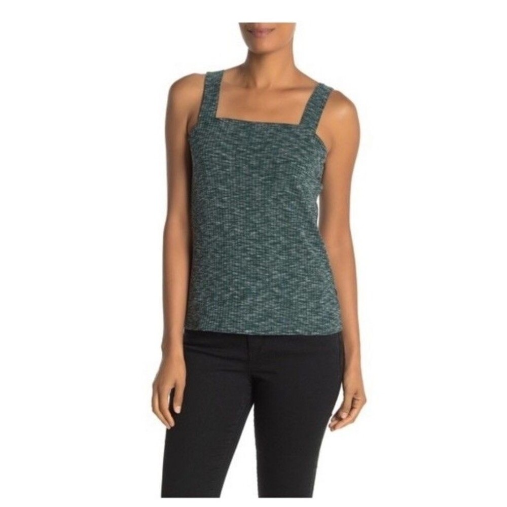 Bobeau Womens Square Neck Tank Top Green Space Dye Ribbed Knit Size XS Stretch